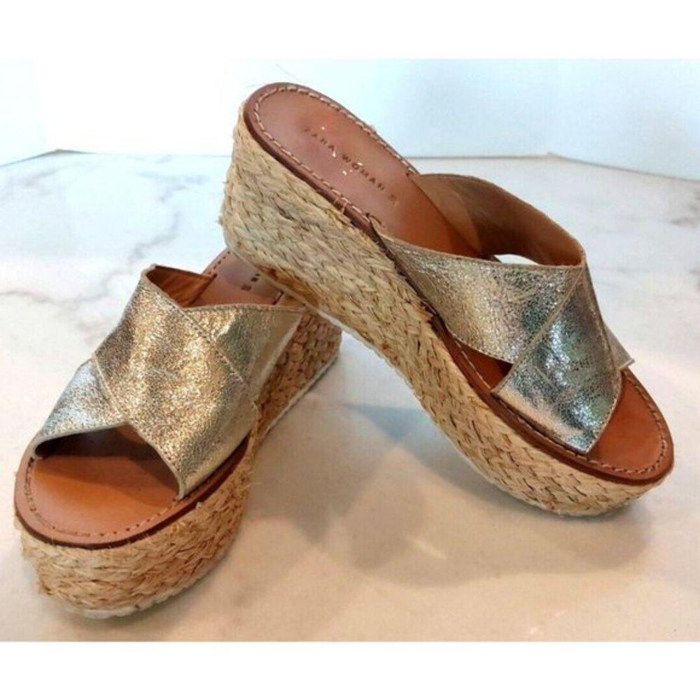 ZARA Jute Esprilladrez Wedge Sandals WITH CROSSOVER STRAPS GOLD SZ US 7 / UE 38